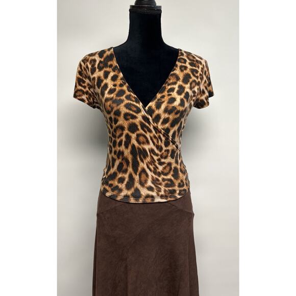 Y2K Leopard Animal Print 90s Large Top Faux Wrap Fitted V-neck Grunge Goth USA - Picture 3 of 9